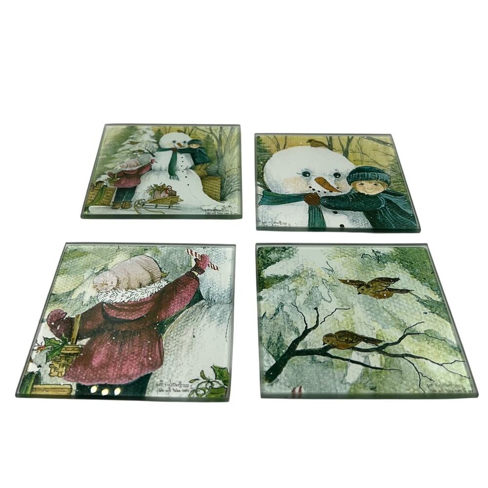 Vintage Pat Richter Winter Snowman Cardinal Print Handmade Glass Coasters Set 4
